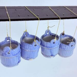 Vintage Blue Ceramic Bucket Ornaments Set of 4 – Mini 1" Hanging Pails